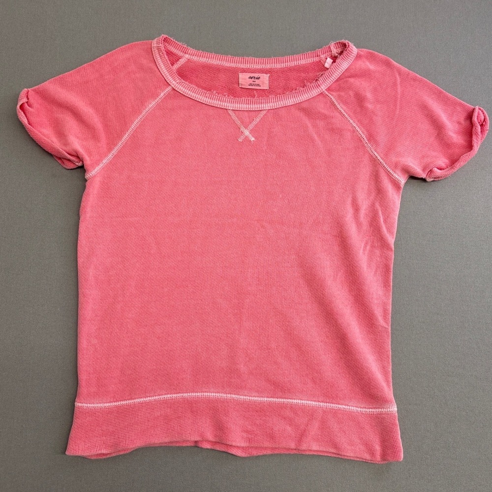 Aerie Womens Coral Pink Short Sleeve Sweatshirt Raglan Cotton Size Medium